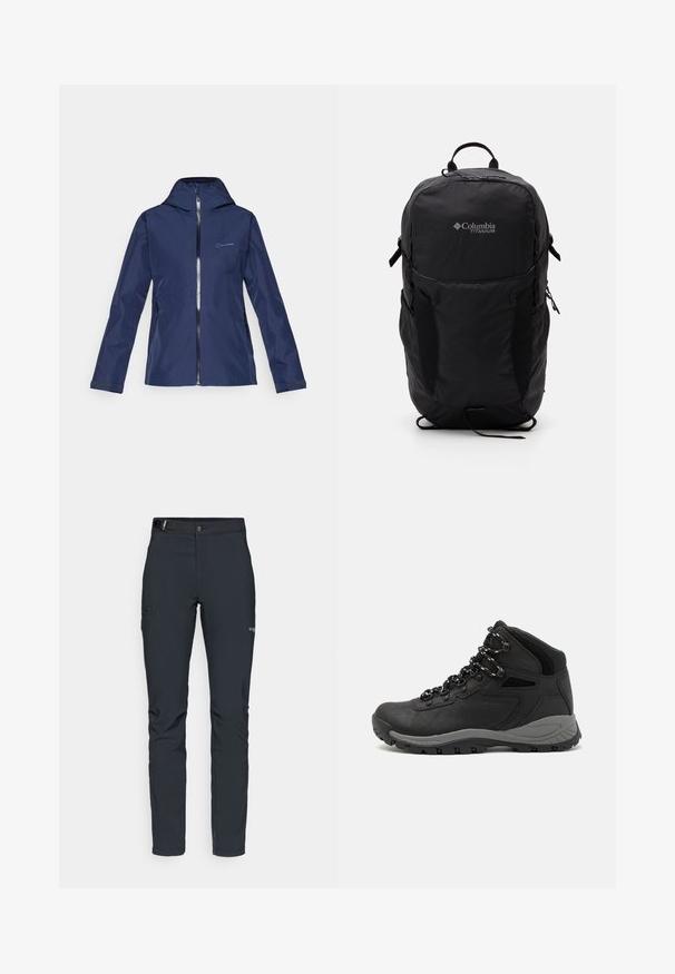 Navy wasserfeste Jacke mit passender Kapuze, durchgehendem Reißverschluss, zwei Seitentaschen und verstellbaren Manschetten. Glatte Textur und minimalistisches Design.; Schwarzes Columbia-T-Shirt mit weißer kreisförmiger Berg- und Fluss-Linienkunst und dem Text "Columbia Sportswear Company - Draußen seit 1938."; Herren Outdoor-Hosen, dunkelgrau, aus flexiblem Material, mit einem Gürtel, Reißverschlusstaschen und verstärkten Nähten.; Schwarzer Wanderstiefel mit einem mittelhohen Design, ausgestattet mit einer strukturierten Oberfläche, grauen Akzenten und einer robusten Gummisohle mit Profilstollen.; Schwarzer Columbia Titanium Rucksack mit glatter Stofftextur, Seitentaschen, Oberhandgriff und verstellbaren Trägern. Minimalistisches Design mit dezentem Branding.