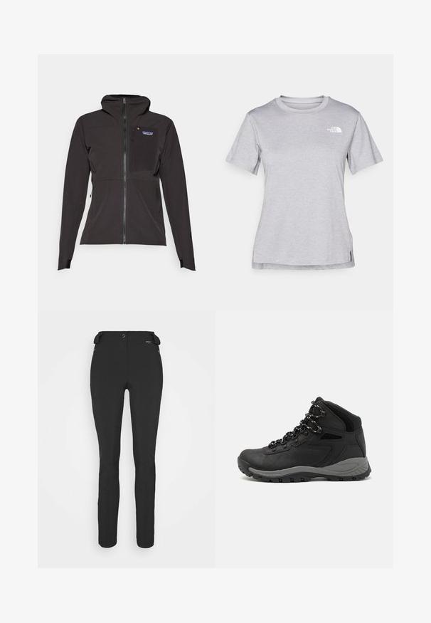 Svart hettejakke laget av teksturert stoff, med frontglidelås, brystlomme og justerbare mansjetter for en sikker passform.; Grå kortermet t-skjorte laget av myk, fukttransporterende stoff. Har en rund hals og en liten hvit logo på øvre venstre side.; Svart, tettsittende bukser laget av et fleksibelt materiale. Funksjoner inkluderer en glidelåslukket sidelomme, artikulerte knær og en glatt tekstur.; Sorte turstøvler med mid-topp design, som har en teksturert overdel, grå detaljer og slitesterk gummisåle med godt grep.