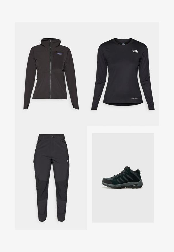 Μαύρο φούτερ μπουφάν με υφή, διαθέτει μπροστινό φερμουάρ, τσέπη στο στήθος και ρυθμιζόμενους καρπούς για ασφαλή εφαρμογή.; The North Face SHADOW LONG SLEEVE - Μπλούζα με μακριά μανίκια - black; Μαύρο παντελόνι εξωτερικού χώρου από ανθεκτικό ύφασμα. Διαθέτει τσέπες με φερμουάρ, ενισχυμένα πάνελ γόνατος και ευθεία κοπή για ελευθερία κινήσεων.; Columbia REDMOND - Παπούτσια πεζοπορίας - black/citron haze