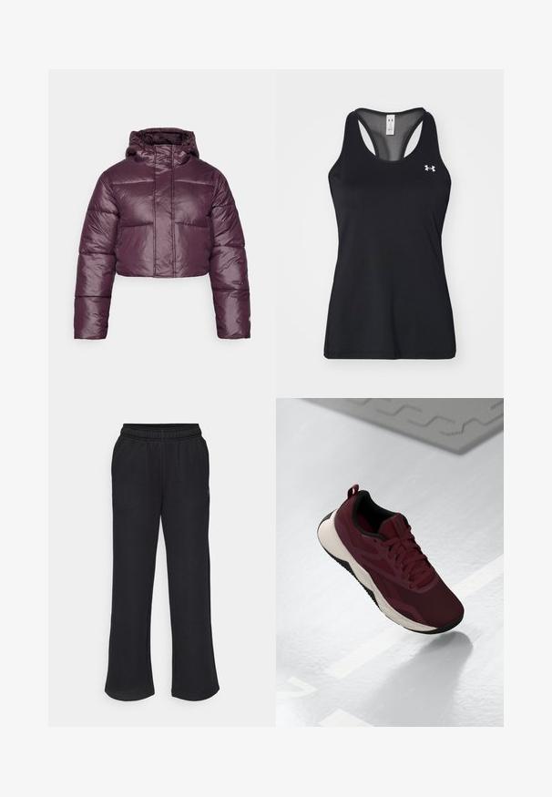 Krótkie puchowe kurtki w ciemnym fioletowym kolorze, charakteryzujące się błyszczącą teksturą, kapturem oraz poziomymi pikowanymi sekcjami. Prosty design z zamknięciem z przodu.; Czarna sportowa koszulka na ramiączkach z teksturowanej tkaniny, z tyłem w stylu racerback oraz subtelnym logo na klatce piersiowej. Lekki i przewiewny materiał.; Czarne dresy o rozszerzającym się kroju, z elastycznym pasem i bocznymi kieszeniami. Wykonane z miękkiego materiału bez widocznych wzorów czy akcentów.; Bordowe buty sportowe z siateczkową cholewką, czarnymi akcentami i wyściełaną białą podeszwą. Posiadają sznurowaną klamrę oraz uchwyt na pięcie.