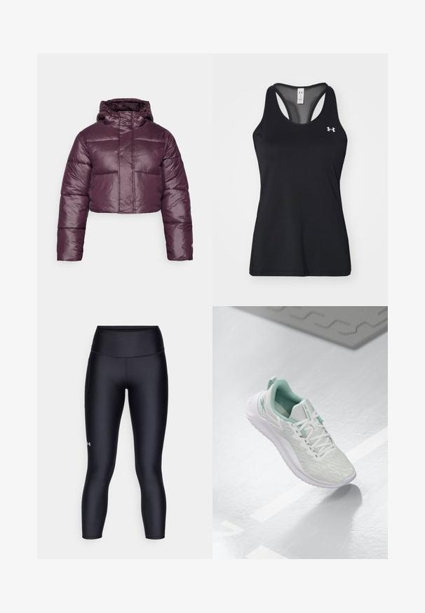 Krótkie puchowe kurtki w ciemnym fioletowym kolorze, charakteryzujące się błyszczącą teksturą, kapturem oraz poziomymi pikowanymi sekcjami. Prosty design z zamknięciem z przodu.; Czarna sportowa koszulka na ramiączkach z teksturowanej tkaniny, z tyłem w stylu racerback oraz subtelnym logo na klatce piersiowej. Lekki i przewiewny materiał.; Czarne legginsy wykonane z gładkiego, elastycznego materiału. Wysoki stan, dopasowany krój oraz małe logo na lewej nodze.; Jasnoszare buty sportowe z teksturowaną dzianiną, miętowymi akcentami, białymi sznurowadłami, gumową podeszwą i uchwytem na pięcie.