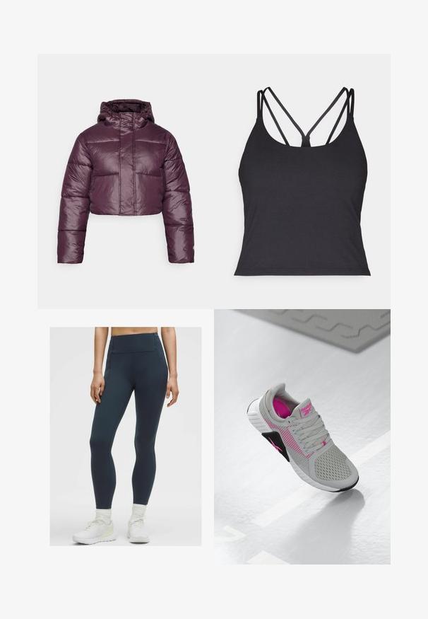 Lyhyt puhallusjacke tummassa purppurassa, jossa on kiiltävä pinta, huppu ja vaakasuorat tikatut osat. Yksinkertainen etukiinnitysdesign.; Musta tank top ohutse olatustega, millel on risttõmme seljal. Valmistatud pehmest ja venivast materjalist, millel on keha lähedane siluett.; Korkeavyötäröiset, tummansiniset legginsit, jotka on valmistettu joustavasta ja sileästä kankaasta, jossa on litteät saumat eikä näkyviä taskuja, yhdistettynä valkoisiin urheilujalkineisiin.; Harmaa ja vaaleanpunainen Reebokin urheilukenkä, jossa on verkotettu yläosa ja yksityiskohtainen pohja, esillä heijastavalla valkoisella pinnalla.