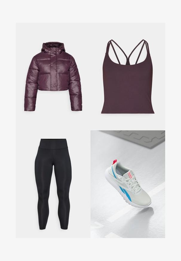 Jachetă puffer scurtă de culoare mov închis, cu o TEXTURĂ lucioasă, glugă și secțiuni orizontale quilted. Design simplu pentru închiderea frontală.; Top fără mâneci de culoare violet închis, realizat dintr-un material neted, cu bretele subțiri și de tip dublu și decolteu rotund. Cordon fără cusături la baza.; Leggings negri tip talie inalta, lungime completa, cu material fin si detalii de cusaturi vizibile pe fata si pe talie.; Sneaker Reebok alb și albastru cu un tab roșu plutind deasupra unei podele strălucitoare, cu un covoraș de cauciuc gri în apropiere.