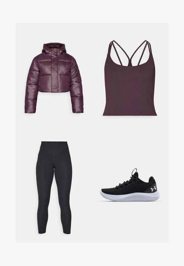 Abgeschnittene Daunenjacke in Dunkelviolett mit glänzender Textur, Kapuze und horizontalen Steppnähten. Einfaches Frontverschlussdesign.; Dunkelviolettes Tanktop aus glattem Stoff mit dünnen Doppelträgern und einem Rundhalsausschnitt. Nahtloser Saum am unteren Ende.; Schwarze Leggings mit hoher Taille, glatter Textur und tailliertem Design. Verfügt über flache Nähte und eine knöchellange Abdeckung ohne Muster.; Schwarze Sportschuhe mit einem atmungsaktiven Mesh-Obermaterial, strukturierten Details und einer weißen Gummisohle. Ausgestattet mit flachen Schnürsenkeln und einer Zuglasche an der Ferse.