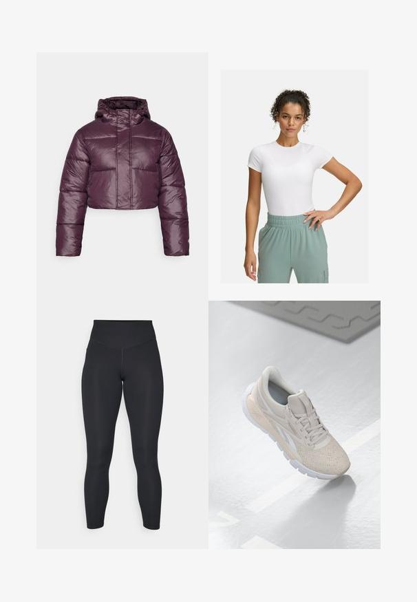 Lyhyt puhallusjacke tummassa purppurassa, jossa on kiiltävä pinta, huppu ja vaakasuorat tikatut osat. Yksinkertainen etukiinnitysdesign.; Valkoinen muotoiltu t-paita lyhyillä hihoilla, yhdistettynä vaaleanvihreisiin joustaviin vyötäröhousuihin. Sileä pinta, minimalistinen muotoilu ja ei näkyviä kuvioita.; Musta legginsit korkealla vyötäröllä, sileä pinta ja tiukka malli. Sisältää litteät saumat ja täyspitkän peiton ilman kuoseja.; Vaaleabeige urheilusukka, jossa on rei'itetty päällinen, tekstuuriset aksentit, pehmustettu nilkkareunus ja valkoinen kumipohja, suunniteltu mukavuutta ja hengittävyyttä varten.