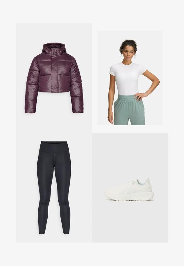 Korte pufferjack in donkerpaars, met een glanzende textuur, een capuchon en horizontaal gestikte secties. Eenvoudig ontwerp van de frontsluiting.; Witte fitted t-shirt met korte mouwen, gecombineerd met lichtgroene broek met elastische tailleband. Gladde textuur, minimalistisch ontwerp en geen zichtbare patronen.; Zwarte leggings van glad, rekbaar stof. Hoge taille zonder zichtbare patronen of accenten. Sluiten nauw aan van taille tot enkels.; Witte sportschoenen met een gestructureerde bovenkant, gevoerde kraag en vetersluiting. Voorzien van een gebogen buitenzool en subtiele branding aan de zijkant.
