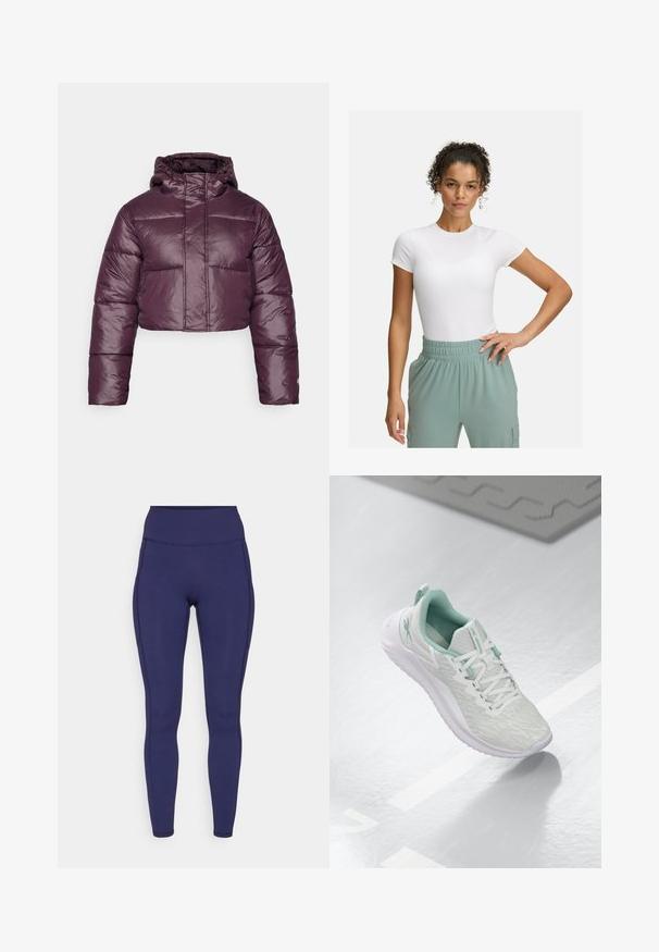 Skrajšan zimski jopič v temno vijolični barvi, z sijočo teksturo, kapuco in horizontalno kviltanimi deli. Preprost dizajn sprednjega zapiranja.; Bela prilegajoča majica s kratkimi rokavi, kombinirana z lahkimi hlačami z elastičnim pasom v svetlo zeleni barvi. Gladka tekstura, minimalistična zasnova in brez vidnih vzorcev.; Mornarsko visoko pasu legice iz raztegljive tkanine. Opremljene so z ravnimi šivi in tesnim prileganjem, z dvema stranskima žepoma za shranjevanje.; Svetlo sivi športni čevelj z teksturiranim pletenim zgornjim delom, zelenimi poudarki, belimi vezalkami, gumijastim podplatom in zankico na peti.
