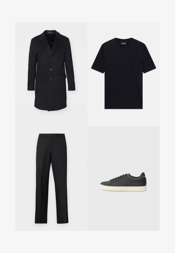 Cappotto di lana nera con rever a punta, design monopetto, cinque bottoni, due tasche anteriori e foderatura interna liscia.; T-shirt nero a maniche corte con colletto tondo, con un sottile motivo in rilievo e etichetta del marchio all'interno del colletto, adagiato su uno sfondo bianco.; Pantaloni neri a gamba dritta in tessuto liscio. Presentano una vita standard e nessun motivo o accento visibile.; Sneaker in pelle nera con profilo basso, punta tondeggiante e chiusura stringata; presenta una suola in gomma testurizzata e dettaglio del logo sul tallone.
