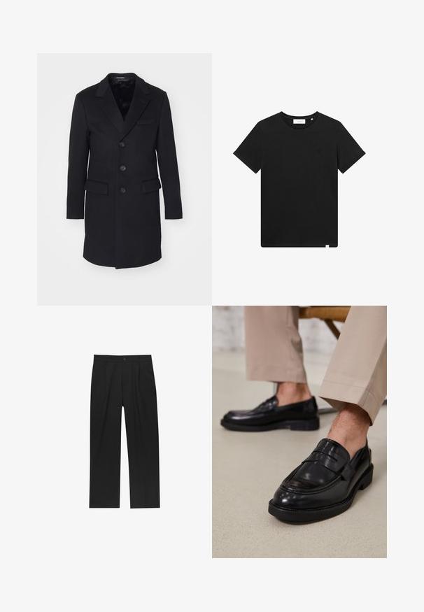 Black wool coat with a notched lapel, single-breasted design, five buttons, two front pockets, and smooth interior lining.; Black short-sleeve T-shirt made of cotton, featuring a crew neck and a small logo embroidered on the chest. Smooth texture, standard fit.; Black pants with a straight-leg design, made from a smooth fabric. Features front pleats and a single button closure at the waist.; Black leather loafers with a smooth finish, featuring a decorative strap and contrast stitching, paired with beige trousers.