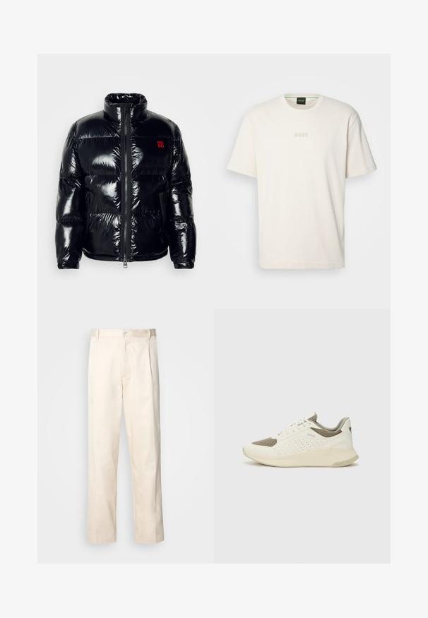 HUGO BIRON - Vinterjacka - black; BOSS TEE - T-shirt - bas - open white; Beiga bomullbyxor med rak benform, utrustade med knappstängning och veck framtill för extra detalj.; Vit och ljusbeige atletisk sneaker med ett meshöverdrag, perforerade detaljer och en texturerad mellansula med varumärke på hälen.