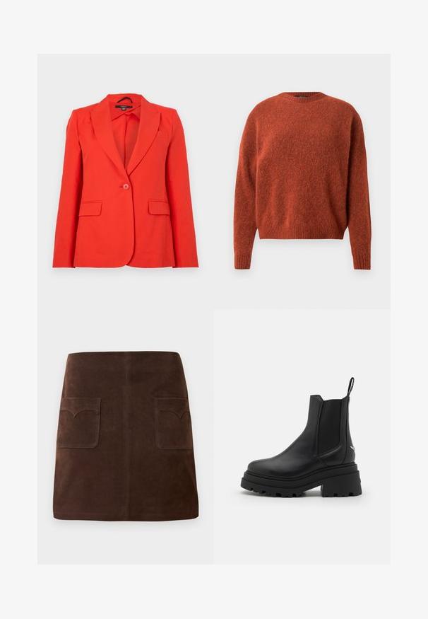 Red tailored blazer made of smooth fabric. Features notched lapels, two front pockets, a single button closure, and a fitted design.; Rust-colored knitted sweater with a crew neckline and ribbed cuffs. The fabric has a soft, textured appearance. No visible hardware or patterns.; Brown suede skirt featuring a classic A-line shape, two front pockets with rounded flaps, and subtle stitching details.; Black chelsea boots made of smooth leather with elastic side panels, a thick, ridged rubber sole, and a pull tab at the back.