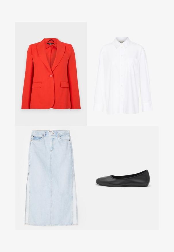Červený přizpůsobený blejzr vyrobený z hladké látky. Má výstřih s klopami, dvě přední kapsy, uzávěr na jeden knoflík a přiléhavý střih.; Bílá košile s dlouhým rukávem a límečkem vyrobená z bavlny. Má knoflíkovou přední část a jedno kapsičku na prsou. Hladký povrch, volný střih.; Světle modrá denimová maxi sukně se střihém do tvaru A, která má boční rozparky a design s pěti kapsami. Výrazné švy a kovové zapínání na knoflík.; Černé kožené baletní byty s kulatou špičkou, hladkou texturou, minimálními švy a flexibilním designem podrážky.