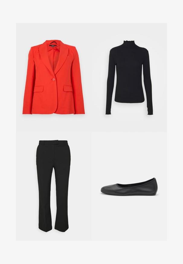 Punase ülikondjakk, mis on valmistatud sileda kangaga. Omab lõigatud krae, kahte esipakki, ühte nupulukkust ja kitsast disaini.; Must kannus varrukatega turtleneck, mis on valmistatud siledast kangast, koos rippuvate kraede ja liibuva siluetiga, millel on lihtsad servad.; Mustad mustad püksid sirge säärega, millel on vööloop ja küljetaskud. Valmistatud siledast kangast, millel on puhas viimistlus.; Musthave mustika tantsutossud mustast nahast, ümmarguse varbaga, siledast tekstuurist, minimaalse õmblusdetailiga ja paindliku tallakujundusega.