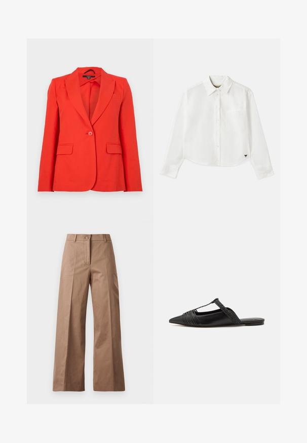 Piros, szabott blézer sima anyagból. Jellemzői a kivágott hajtókák, két elülső zseb, egy gombos záródás és a testhezálló fazon.; Fehér, rövidített hosszú ujjú, pamut ing. Gombos elülső résszel, mellzsebbel és egy kis fekete logóval a bal alsó részen.; Barna, bőszárú nadrág sima anyagból, elülső gombos zárással, két elülső zsebbel és tiszta, szabott vonalakkal.; Fekete bőr slingback cipő hegyes orral, szőtt díszítéssel és redőzött felső dizájnnal. Lapos talp minimális hardverrel.