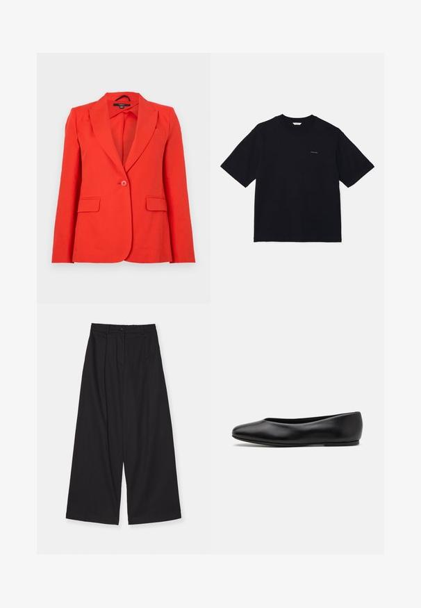 Blazer rouge ajusté en tissu lisse. Doté de revers crantés, de deux poches avant, d'une fermeture à un bouton et d'une coupe ajustée.; T-shirt noir à manches courtes en coton, avec un col rond et un petit logo sur la poitrine gauche. Texture lisse et coupe décontractée.; Pantalons larges noirs en tissu lisse, présentant une taille haute, des plis devant, une fermeture à bouton et une silhouette droite.; Paul Smith TOPANGA - Ballerines - black