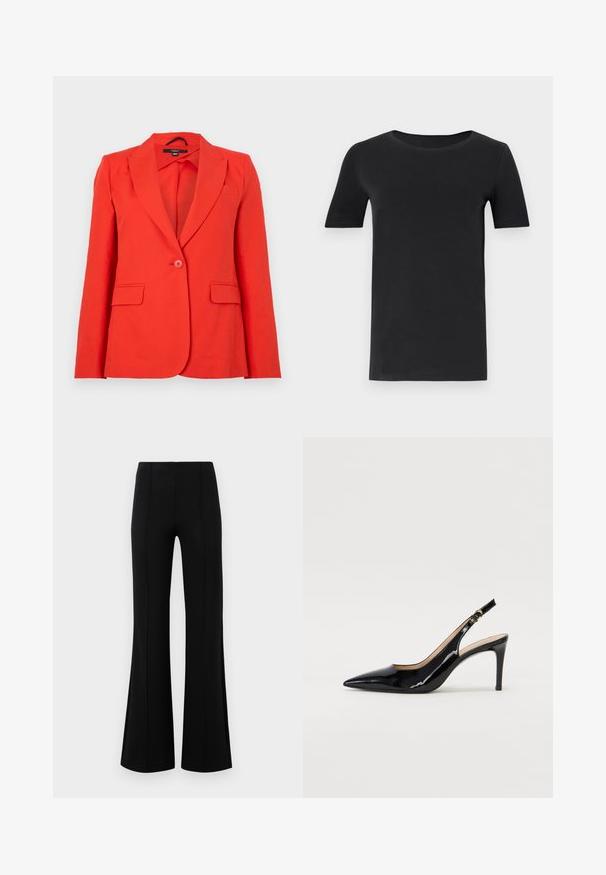 Rød skræddersyet blazer lavet af glat stof. Har spidse klapper, to frontlommer, en enkelt knappelukning og en tætsiddende design.; Sort kortærmet t-shirt lavet af blød bomuld, med rund hals og klassisk pasform. Glat tekstur, ingen mønstre eller pynt.; Sorte højtaljede flared bukser lavet af strækbart stof. Har vertikale sømdetaljer foran og en glat tekstur.; Sort patenteret læder slingback stiletto med spids tå, slank hæl og et subtilt udskæringsdesign. Har en gylden spænde på remmen.