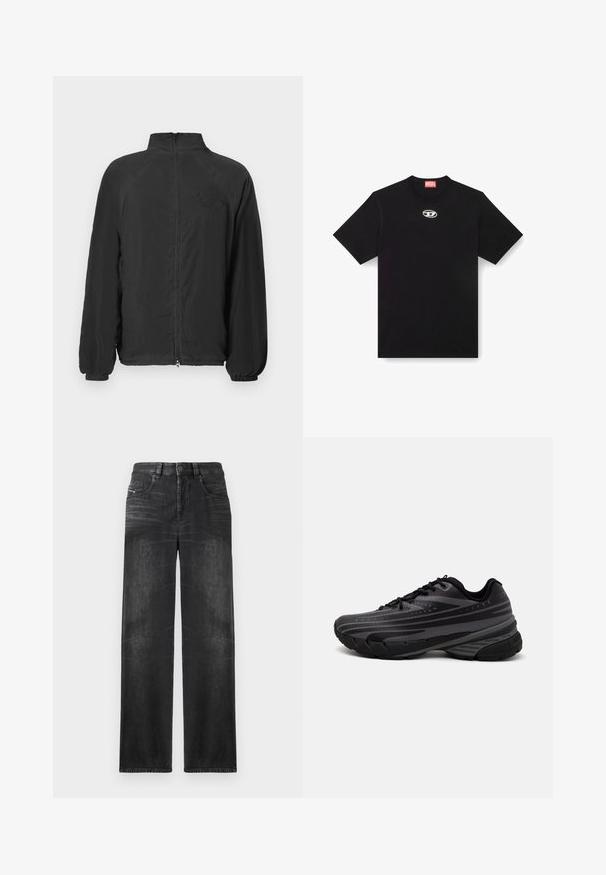 Casaco preto com fecho e colarinho alto, punhos canelados e um tecido texturizado. Apresenta um logo em relevo no peito. Design leve.; Camiseta de algodão preta com decote redondo e mangas curtas. Apresenta um pequeno logótipo prata bordado na parte central da frente.; Calças de ganga de perna reta pretas, com cinco bolsos, passadores de cinto e um leve desbotado no tecido para textura.; Shoe de corrida preta com um cabedal texturizado apresentando riscas cinzentas. Sola grossa para amortecimento, bico redondo e atacadores planos para um ajuste seguro.