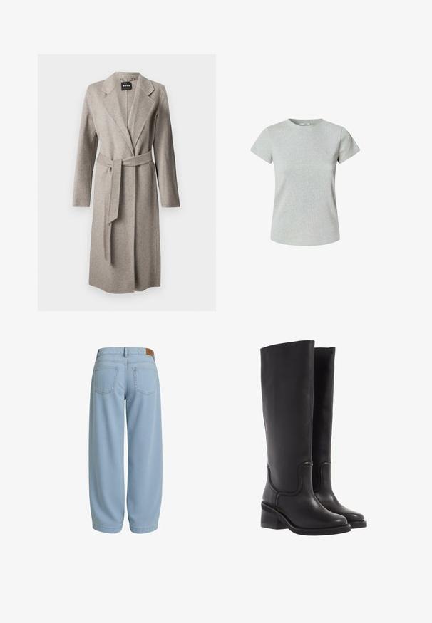 Siv plaščen iz volne z dolgimi rokavi, z izrezanimi reverji in ujemajočim se pasom. Ima mehak teksturo ter en sam sprednji otvor.; Siva bombažna majica s kratkimi rokavi in okroglo izrezom. Gladka tekstura, klasičen kroj, brez vidnih vzorcev ali okrasitev.; Svetlo modri traper hlače z ohlapnim krojem, ki imajo dve zadnji žepki, pas z rjavim usnjenim značko in ožji gleženj.; Črne usnjene škornje do kolen z gladko teksturo, zaokroženim prstom in robustnim petnim delom. Imajo diskretne šive in poenoteno zasnovo.