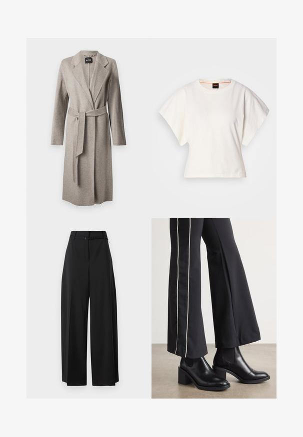 Pelēks vilnas apmetnis ar garām piedurknēm, ar iegriezumiem un atbilstošu jostu. Tam ir maiga tekstūra un viens priekšējais atvērums.; Balts īsais T-krekls, plašas īsas piedurknes, mīksts kokvilnas materiāls, apaļa kakla izgriezums ar delikātu oranžu apdari, minimāls dizains, bez rakstiem vai grafikām.; Melnas plašas bikses ar augstu jostasvietu un jostu. Tām ir gluda tekstūra un tīras līnijas, un tās ir paredzētas brīvai piegriešanai.; Melnas ādas potīšu zābaki ar blokveida papēdi, aprīkoti ar elastīgām sānu paneļiem. Kombinēti ar melniem biksēm, kuru sānos ir baltas svītras.