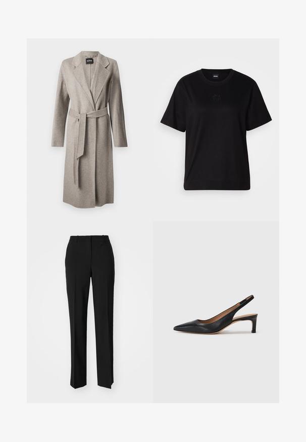 Cappotto avvolgente grigio in lana con maniche lunghe, rever a punte e una cintura abbinata. Presenta una texture morbida e un'apertura frontale singola.; Maglietta in cotone nera con scollatura tonda, maniche corte e logo ricamato sul petto. Design semplice e vestibilità rilassata senza motivi.; Pantaloni neri su misura con un design a gamba dritta, caratterizzati da una texture liscia e pieghe ben definite sul davanti. Senza hardware visibile.; Pump slingback in pelle nera con punta appuntita, tacco basso e texture liscia. Presenta una sottile cinghia regolabile per una vestibilità sicura.