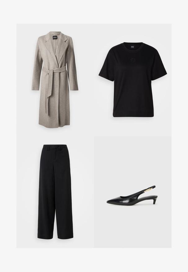 Palton din lână gri, cu mâneci lungi, rever în formă de V și un cordon asortat. Dispune de o textură moale și o deschidere frontală singulară.; T-shirt negru din bumbac, cu guler rotund, mâneci scurte și un logo brodat pe piept. Design simplu, cu o croială relaxată și fără modele.; Pantaloni negri cu picioare lărgi, confecționați dintr-un material neted, cu un design frontal plat, detalii pliate și bucle pentru curea la talie.; Sandale slingback din piele neagră cu vârf ascuțit, având un toc subțire și un accent de culoare aurie pe curea ajustabilă. Textură netedă.