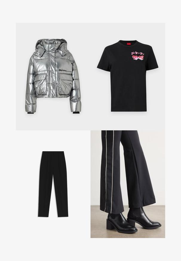 Silver puffer jacket with a glossy finish, cropped design, large front pockets, high collar, and black accents on the cuffs.; Black cotton t-shirt with short sleeves featuring a pink graphic of sunglasses and text "Not Your Girl" on the left chest area.; Black trousers with a straight fit, featuring double pleats, a smooth texture, and a classic waistband design. No visible hardware or accents.; Black leather ankle boots with a block heel, featuring elastic side panels. Paired with black pants that have a white side stripe.