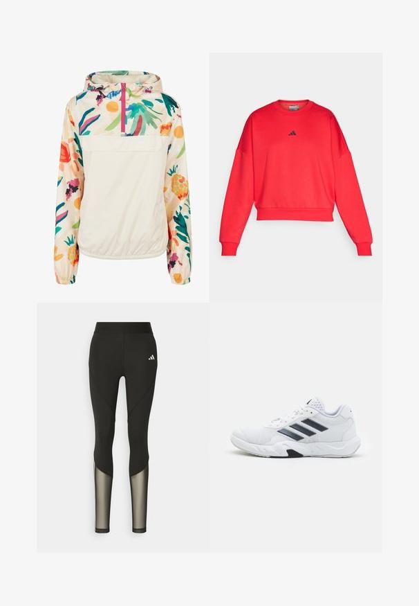 Lichtgewicht, crèmekleurige pulloverjack met een bloemenpatroon in levendige kleuren. Voorzien van een rits aan de voorkant, een capuchon en elastische manchetten voor een omsloten pasvorm.; Rode cropped sweatshirt met een ronde hals en verlaagde schouders. Bevat een klein zwart Adidas-logo op de borst. Glad stofoppervlak.; Zwarte sportleggings met een hoge tailleband, voorzien van meshaccenten op de onderbenen en een geborduurd logo op de heup.; Witte sportieve schoen met een bovenwerk van mesh, drie zwarte strepen aan de zijkant, gestructureerde accenten en een stevige rubberen zool met een contrasterend zwart gedeelte.