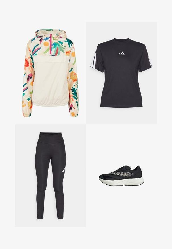 Leichter, cremefarbener Pullover-Jacke mit einem blumigen Muster in lebendigen Farben. Verfügt über einen Frontreißverschluss, eine Kapuze und elastische Bündchen für einen sicheren Sitz.; Schwarzes Sport-T-Shirt aus weichem Material, mit Rundhalsausschnitt, kurzen Ärmeln und drei weißen Streifen auf jeder Schulter. Weißes Logo auf der Brust.; Schwarze, hoch taillierte Leggings aus glattem, elastischem Material, mit einem weißen Logo auf der linken Seite. Figurbetontes Design ohne Muster.; Schwarz-graue Sneaker mit einem strukturierten Strickobermaterial, weißer Zwischensohle mit "LIGHTSTRIKE"-Branding und einer abgerundeten Zehenform.