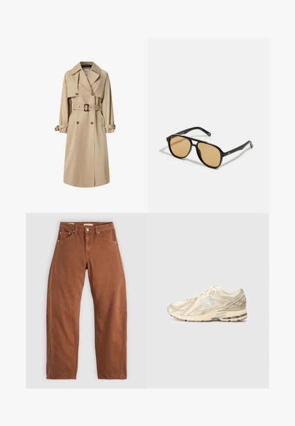 Bež plašč v mešani bombažni tkanini; dvojnim zapenjanjem, velikimi gumbi, s pasom in žepi z preklopom; ima karirasto oblogo.; Bela majica z dolgimi rokavi z grafičnim tiskom, ki vključuje črno-belo grafiko in rožnato besedilo, vključno z "STIEGLITZ" ter ponavljajočimi se frazami na rokavih.; Rjavi rjavi ravni hlače z zadrgo in zankami za pas, z zadnjimi in sprednjimi žepi ter kovinskimi zakovicami, razpolagane na beli podlagi.; Beige atletski copat z mrežastim zgornjim delom, minimalnimi detajli, teksturiranim podplatom in subtilnim logotipom 'N' na strani. Lahek dizajn za udobje.; Črne sončne očala z rjavim odtenkom leč; pravokotna oblika s širokim okvirjem, vključno z diskretno kovinsko dekoracijo na obeh strani.; Črna usnjena torba za roke s ukrivljenim oblikom, enim trakom, zadrgo in diskretnim blagovnim znamkom na sprednjem delu. Gladka tekstura, minimalističen dizajn.