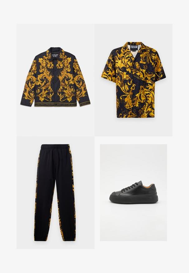 Juodas mygtukais užsegamas švarkas su puošniais geltonais baroko gėlių raštais ir "Versace Jeans Couture" tekstu palei apykaklės kraštą ir juostelę.; Juoda trumpaankovė marškinė su mygtukais, dekoruoti geltonais ir auksiniais barokinių gėlių raštais bei priekinėmis kišenėmis, vidinėje apykaklėje pažymėti Versace Jeans Couture.; Juodos sportinės kelnės su elastingu juosmeniu ir rema, pasižyminčios aukso ir juodų gėlių rašo šoninėmis juostomis.; Juodos odinės sportinės bateliai su apvaliu pirštu, raištelių užsegimu, lygiu paviršiumi, storu guminio pado ir kontrastinga tan spalvos vidine puse.