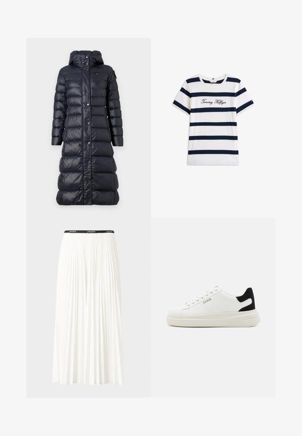 Blauer ANITA - Dūnu mētelis - blu; Kokvilnas T-krekls ar horizontālām tumši zilām svītrām uz balta fona. "Tommy Hilfiger" izšūts skriptā uz krūšu daļas. Cauruma apkakle.; Gari plānas baltas svārku ar melnu elastīgu jostu, uz kuras redzams "LACOSTE" logo. Vidēja garuma dizains ar mīkstu tekstūru.; Baltas ādas sporta apavi ar biezu balto zoli, melna zamša uzpura un izspiestais logotips sānos. Šņorējuma dizains ar sešiem acu caurumiem.