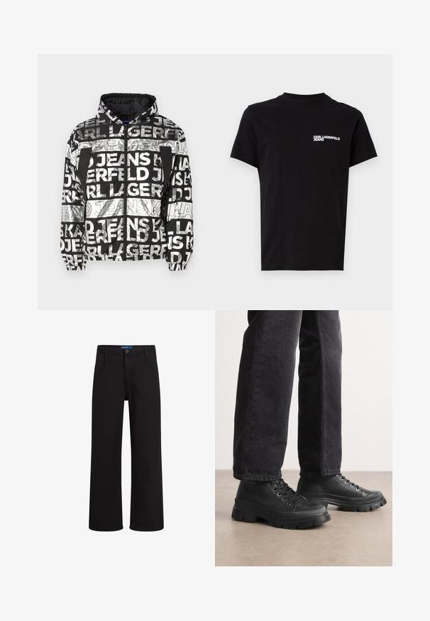 Karl Lagerfeld Jeans LIGHT PADDED JACKET - Lahka jakna - digital fold; Črna majica iz bombaža, z okroglim izrezom in kratkimi rokavi. Opozorljiv bel logotip na levi strani prsnega dela. Enostaven dizajn.; Črne hlače ravnega kroja z gumbom in zadrgo, z zankami za pas in stranskimi žepi, prikazane na beli podlagi.; Črne vezalne superge z debelejšim, teksturiranim podplatom in gladko zgornjo površino. Imajo kovinske luknjice in rebrast dodatek okoli prstov.