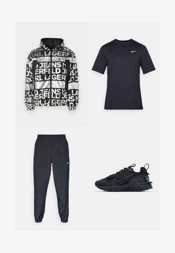 Karl Lagerfeld Jeans LIGHT PADDED JACKET - Lengva striukė - digital fold; Juodas trumpomis rankovėmis Nike marškinėliai, pagaminti iš lygaus audinio, su baltu swoosh logotipu viršutinėje kairėje pusėje, apvaliu kaklu.; Juodos sportinės kelnės iš lengvos medžiagos su elastinga juosta, kulkšnies rankovėmis ir diskretišku Nike logotipu kairėje pusėje.; Juoda sportinė avalynė su kvėpuojančiu tinkliniu viršumi, tekstūruotais akcentais ir banguota guma padais. Yra atspindintis logotipas ir raištelių sistema.