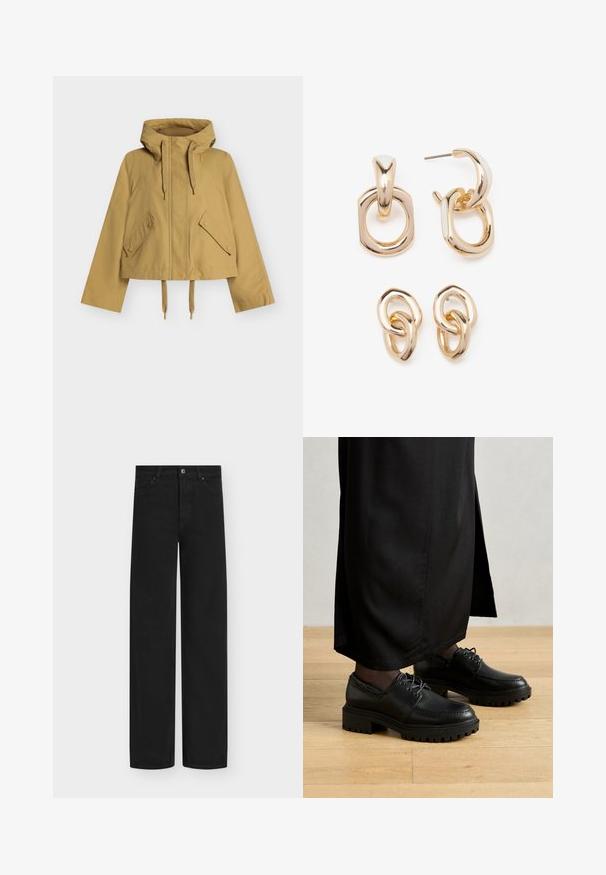 Cropped, yellow jacket with a hood, featuring two diagonal front pockets, drawstring hem, and a smooth, matte texture.; White short-sleeve t-shirt with a round neck, relaxed fit, made of soft cotton fabric. Smooth texture, no patterns or logos.; Black wide-leg jeans made of denim, featuring a button closure and five pockets. Smooth texture with a clean, minimalist design.; Black leather shoes with a rounded toe, thick rubber outsole, and laces. The design features decorative stitching along the upper.; Gold-toned earrings featuring a mix of geometric shapes: a square, circle, and linked oval designs with a polished finish.