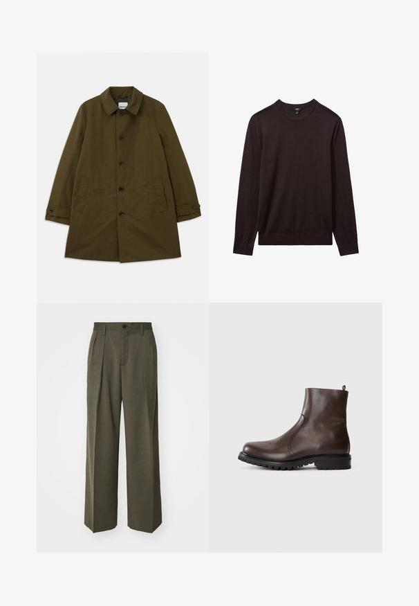 Oliivinvihreä takki, jossa on klassinen kaulus, etupainike- kiinnitys, kaksi sivutaskua ja säädettävät hihansuut. Silkkinen kangas ja jämäkkä siluetti.; Reiss Neule - dark bordeaux; Filippa K WIDE TROUSERS - Housut - driftwood; Ruskea nahkainen nilkkasaapas, jossa on sileä pinta, joustavat sivupaneelit, vetotuli takana ja kestävä kumipohja.