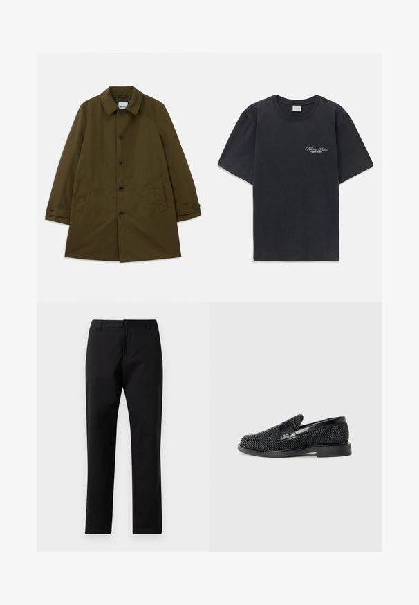 Olive green coat with a classic collar, front button closure, two side pockets, and adjustable cuffs. Smooth fabric with a structured silhouette.; Black short-sleeve crew neck t-shirt with small white "Filling Pieces" text logo on the left chest.; Black straight-leg trousers with button and zip closure, belt loops, and front pockets, displayed on white background.; Black woven slip-on shoe with a smooth leather accent on the upper, a round toe design, and a low-profile rubber sole.
