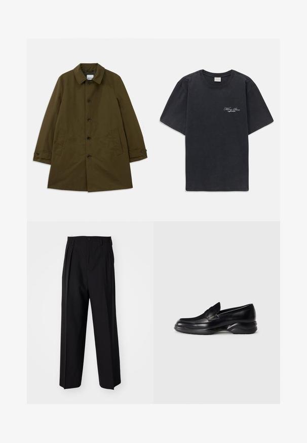 Oliivinvihreä takki, jossa on klassinen kaulus, etupainike- kiinnitys, kaksi sivutaskua ja säädettävät hihansuut. Silkkinen kangas ja jämäkkä siluetti.; Mustat lyhythihaiset t-paidat, joissa on pieni valkoinen "Filling Pieces" -tekstilogo vasemmassa rinnassa.; Mustat laskostetut housut, joissa on suora, leveä lahje. Valmistettu sileästä kankaasta, jossa on nappisuljenta ja vyölenkit.; Musta nahkakengät, joissa on matala, teksturoidulla kumipohjalla ja päälliosassa ommeltu muotoilu. Varustettu pyöreällä nenällä ja minimaalista koristelua.