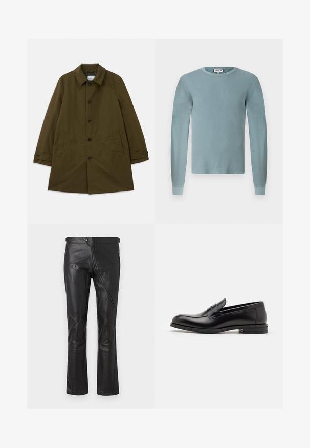 Cappotto verde oliva con colletto classico, chiusura frontale con bottoni, due tasche laterali e polsini regolabili. Tessuto liscio con una silhouette strutturata.; Camicia a maniche lunghe di colore azzurro chiaro con una texture a coste e scollo rotondo. Presenta polsini aderenti e un semplice etichetta del marchio sul colletto.; Pantaloni in pelle nera con un design a gamba dritta, dotati di tasche con zip, toppe sulle ginocchia e dettagli con vita regolabile. Texture liscia.; Mocassini neri in pelle con una texture liscia, punta arrotondata e una striscia decorativa sulla tomaia. Tacco basso impilato, design minimalista.