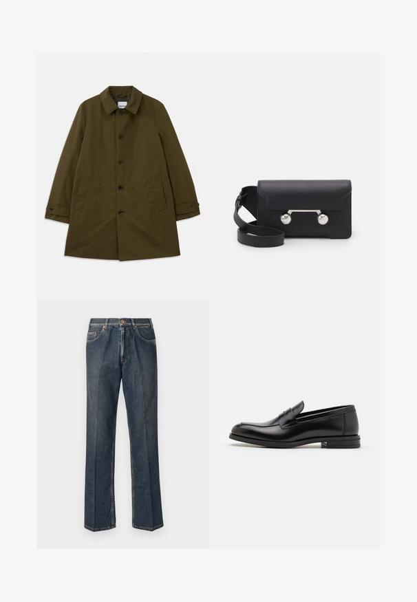 Cappotto verde oliva con colletto classico, chiusura frontale con bottoni, due tasche laterali e polsini regolabili. Tessuto liscio con una silhouette strutturata.; T-shirt blu navy a maniche corte con scritta bianca "neanche per sogno" centrata sul petto, colletto girocollo, taglia media.; Jeans in denim blu scuro a gamba dritta con bottone frontale, zip, doppie tasche anteriori e pieghe verticali visibili lungo le gambe.; Mocassini neri in pelle con una texture liscia, punta arrotondata e una striscia decorativa sulla tomaia. Tacco basso impilato, design minimalista.; Borsa a tracolla in pelle nera con chiusura a patta, hardware in tonalità argento e due accenti tondi. Dotata di una tracolla removibile. Texture liscia.