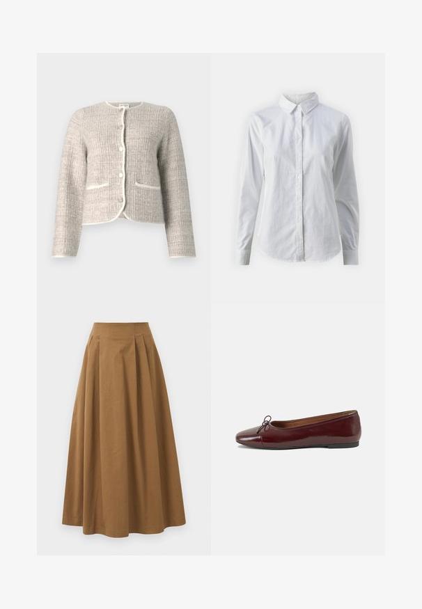 Abercrombie & Fitch Novelty Button Tweed-Inspired Sweater Jacket - Giacca da mezza stagione - neutral melange; Camicia bianca con bottoni, realizzata in cotone liscio, dotata di un colletto classico, maniche lunghe e orlo curvo. I bottoni sono piccoli e bianchi.; Gonna A-line in cotone marrone con vita alta, caratterizzata da pince sulla parte anteriore e una texture liscia. Le finiture dell'orlo sono pulite e semplici.; Ballerine in pelle verniciata bordeaux con punta arrotondata, piccolo fiocco decorativo sulla parte anteriore e suola bassa in gomma nera. Texture liscia.