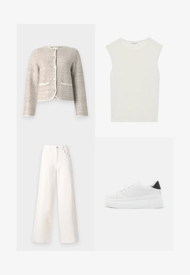 Abercrombie & Fitch Novelty Button Tweed-Inspired Sweater Jacket - Übergangsjacke - neutral melange; Weißes ärmelloses Top mit rundem Ausschnitt. Hergestellt aus glattem Stoff, hat es einen lässigen Schnitt und minimalistisches Design. Keine Muster oder Akzente.; Weite Jeans aus crema-farbenem Denim, mit einer Frontknopfverschlüsse, zwei Seitentaschen und klaren Linien ohne Verzierungen.; Weiße Plateausneaker aus glattem Kunstmaterial, mit runder Zehenform, Schnürdesign und einer strukturierten Gummisohle. Schwarzer Fersenakzent.