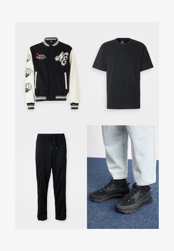 New Era PATCH VARSITY - Bomber dzseki - black; Fekete pamut póló Nike márkájú, klasszikus, kerek nyakú, rövid ujjú, és letisztult, dombornyomott logóval a mellkason. Simább textúra.; Fekete húzózsinóros, kényelmes nadrág oldalsó varrású zsebekkel és egyenes szabással, egyszínű háttéren.; Fekete sportcipők texturált anyaggal és gumitalppal, elasztikus fűzőkkel és kék kiegészítővel a saroknál. Világos farmernadrággal viselve.