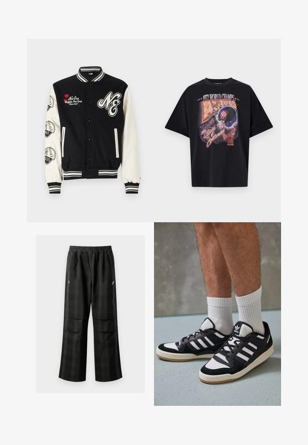 New Era PATCH VARSITY - Bomber stiliaus striukė - black; Juodas medvilnės marškinėliai su grafinio atspaudu "1972 PASAULIO ČEMPIONAI," šalmą atvaizdu ir "Amžinų Konfliktų Dvikova," ryškiose spalvose.; Juodos languotos kelnės su elastingu juosmeniu, dviem priekinėmis kišenėmis ir laisvu tiesiu kirpimu. Pagamintos iš lengvos medžiagos.; Juodos ir baltos sportinės bateliai su zomšiniu ir odiniu viršumi, su trimis baltomis juostelėmis, perforuota koja ir guminėmis padais.
