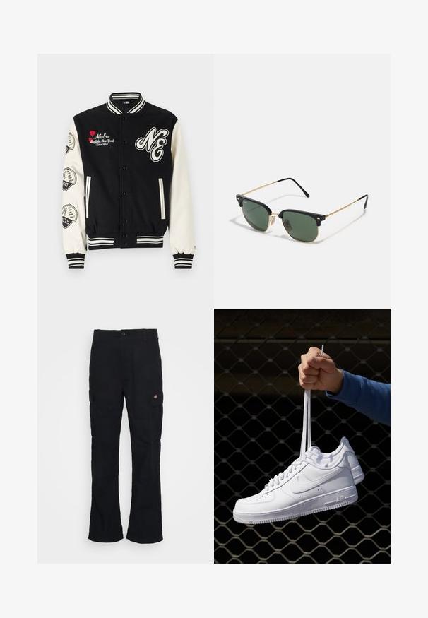 New Era PATCH VARSITY - Bomberjacke - black; Junge Person mit geflochtenem Haar, die ein hellgraues Nike-T-Shirt und schwarze Nike-Shorts trägt, vor einem einfarbigen weißen Hintergrund.; Schwarze Cargo-Hose mit geradem Bein, aus strapazierfähigem Stoff gefertigt, mit Seitentaschen und einem aufgenähten Logo auf der linken Seite.; Weiße Leder-Sneaker mit Perforationen, runder Zehenpartie, flacher Sohle und dicken Schnürsenkeln, mit sichtbar eingesticktem Swoosh-Logo und "AIR" an der Ferse.; Sonnenbrille mit grünen Gläsern, schwarzem Kunststoff-Oberrahmen, goldenen Metallelementen und schlanken schwarzen Bügeln. Hat ein markantes Brückendesign.