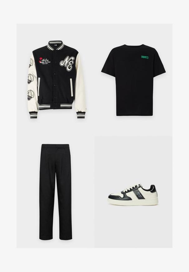 New Era PATCH VARSITY - Bomber dzseki - black; Fekete, pamutból készült póló rövid ujjakkal. Elöl zöld "ROOTS" logóval, kerek nyakkivágással és normál szabással.; Fekete nadrág sima anyagból, egyenes szárú fazonnal, két elülső redővel és közönséges derékkal, övhurkokkal.; Fekete és krém színű bőrsneaker, perforált díszítésekkel, párnázott bokapánttal és texturált talppal.