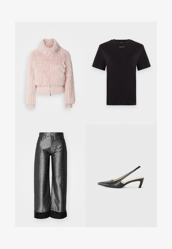 Ružový kabát z falošnej kožušiny s krátkym strihom, vysokým golierom, detailmi na rebrovaných manžetách a predným zipsom. Textúrovaný povrch s vertikálnymi pruhmi.; Čierne bavlnené tričko s krátkymi rukávmi, klasickým výstrihom a malým bielym logom "Calvin Klein" na hrudi. Hladká textúra, klasický strih.; Džínsy s širokými nohavicami v metalickej tmavošedej denimovej látke s hladkou textúrou. Obsahujú čierny denimový manžetový ukončenie a štandardné zapínanie na gombík s pútkami na opasok.; Čierne slingback topánky s ostrou špičkou a nízkym opätkom, vyrobené z hladkej kože a s výrezmi na boku pre lepšiu priedušnosť.