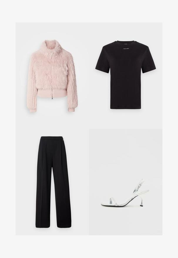 Casaco cropped de pelúcia falsa rosa com um colarinho alto, detalhes em punhos canelados e um fecho frontal. Superfície texturizada com riscas verticais.; T-shirt preta de algodão com mangas curtas, decote redondo e pequeno logótipo branco "Calvin Klein" no peito. Textura suave, ajuste clássico.; Calças largas pretas feitas de um tecido suave, com um design simples e cintura elástica, sem padrões ou detalhes visíveis.; Sandal de salto alto em verniz prata, com tira estreita na ponta do pé, fivela ajustável e um salto delgado.