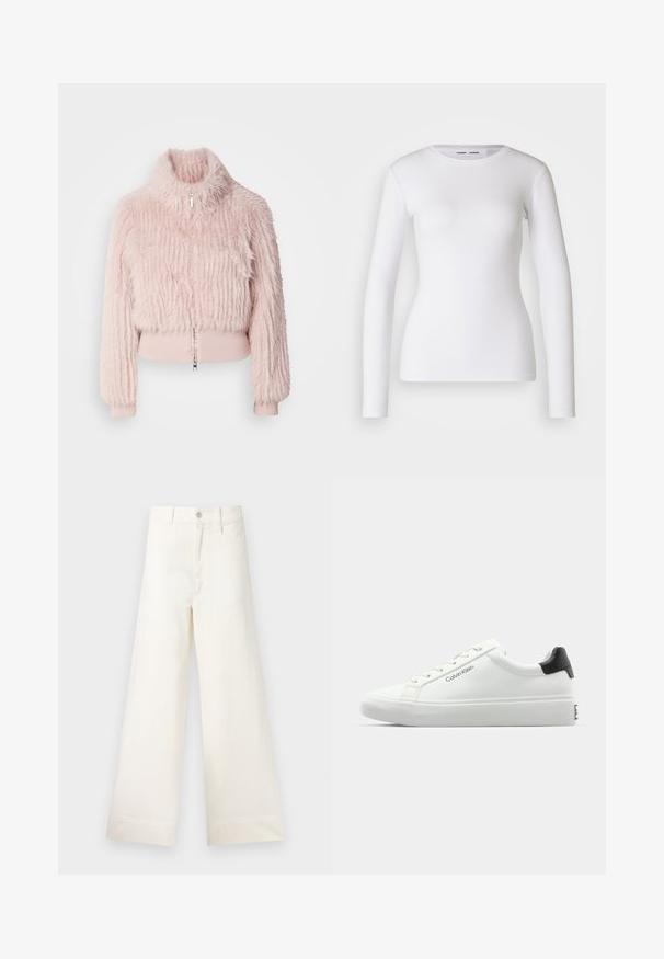 Lyserød fuskepels cropped jakke med høj krave, ribbede manchetter og en frontlynlås. Tekstureret overflade med lodrette striber.; Hvid langærmet skjorte lavet af ribbet stof, med runde udskæring og tætsiddende pasform. Ingen mønstre eller accenter er til stede.; Bredde benbukser i lys beige bomuld. Har høj talje, for- og baglommer samt lige pasform. Renset kantafslutning uden mønstre.; Hvid sneakers med en glat overflade, sort hælaccent og snørebåndsdesign. Har "Calvin Klein" branding på siden. Minimalistisk stil.