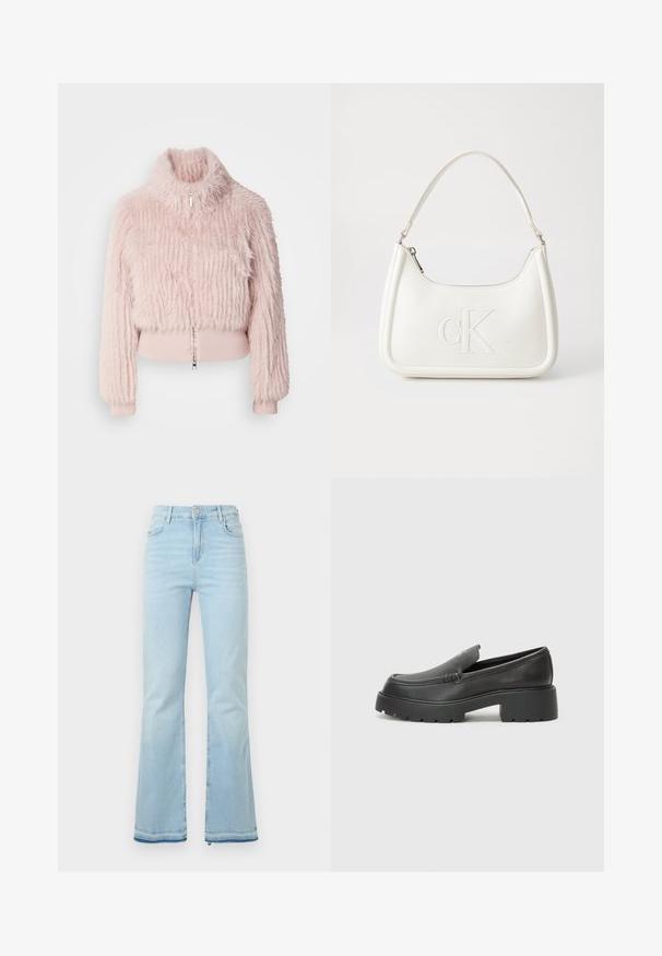 Veste cropped en fausse fourrure rose avec un col haut, des détails en bord-côte aux poignets et une fermeture éclair à l'avant. Surface texturée avec des rayures verticales.; T-shirt en coton blanc avec un col rond, des manches courtes et un petit logo noir "Calvin Klein" sur la poitrine. Design simple, sans motifs.; Jean flare bleu clair en denim, avec une taille haute, des poches avant et un ourlet brut au niveau des poignets pour un look décontracté.; Mocassins en cuir noir avec un bout arrondi, une semelle épaisse et texturée, et des détails de couture minimalistes. Design épuré sans lacets ni métal visibles.; Sac à main en cuir blanc avec une forme courbée, arborant un logo "CK" embossé à l'avant et une seule bandoulière. Fermeture à glissière en haut.