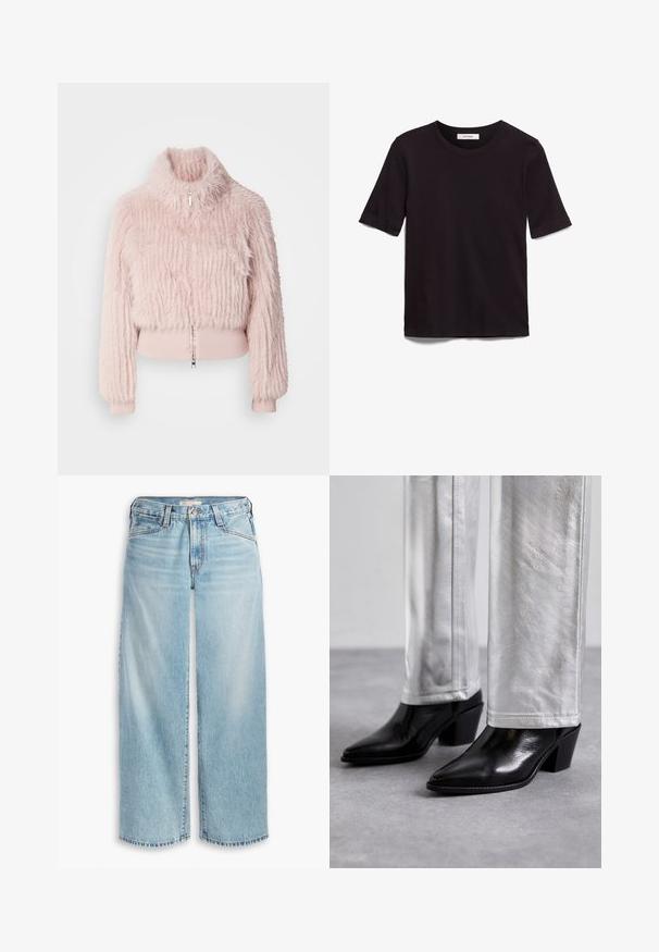 Pink faux fur cropped jacket with a high collar, ribbed cuff details, and a front zipper. Textured surface with vertical stripes.; Black short-sleeve T-shirt made of soft cotton, featuring a round neckline and a smooth, even texture with a minimal design.; Light blue wide-leg jeans made of denim, featuring a high waist, button fly, and frayed hemline. Visible stitching and pockets.; Black leather ankle boots with a pointed toe and block heel, paired with shiny silver pants, showcasing sleek textures and contrasting colors.